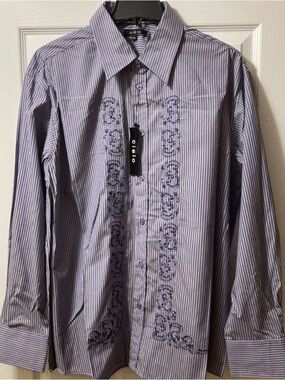 Cielo Men's Purple Pinstripe Embroidered Dress Shirt
